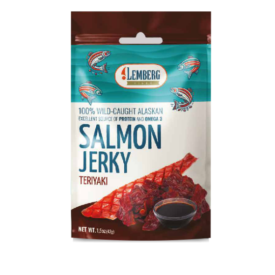 Pieces of red salmon, in teriyaki sauce, salted, dried, 42g